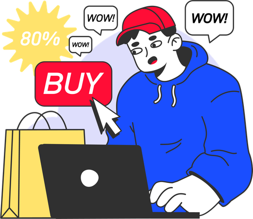 Chico haciendo compra online  Ilustración