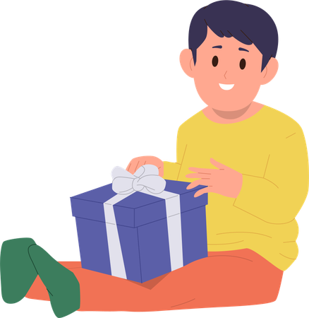 Chico inteligente abriendo caja de regalo con sorpresa  Ilustración