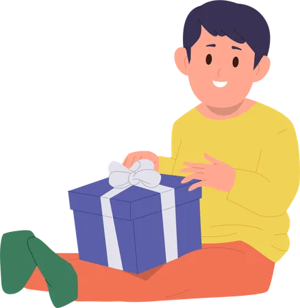 Chico inteligente abriendo caja de regalo con sorpresa  Ilustración