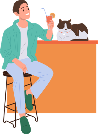 Chico joven feliz y sonriente bebiendo jugo en un café y pasando tiempo con su gato  Ilustración