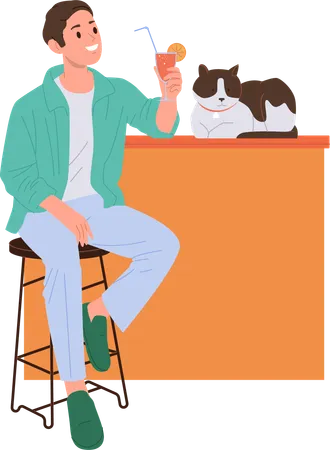 Chico joven feliz y sonriente bebiendo jugo en un café y pasando tiempo con su gato  Ilustración