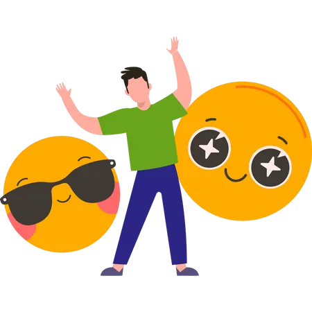 Chico joven usando emojis geniales  Ilustración