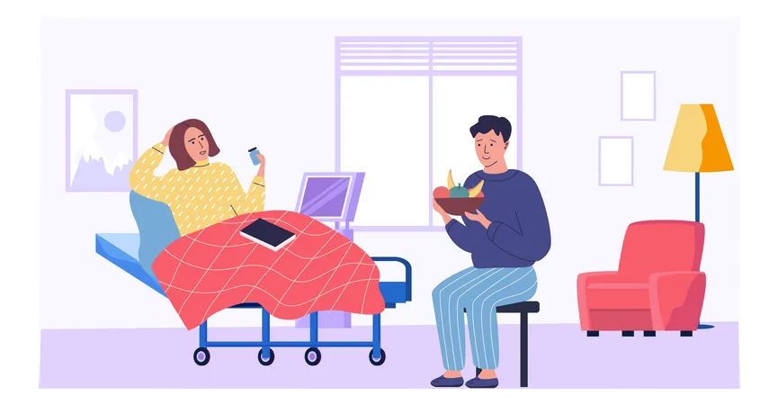 Hombre le da fruta a mujer para inmunidad en sala médica  Ilustración
