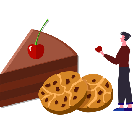 Al niño le gusta el pastel de chocolate y las galletas.  Ilustración