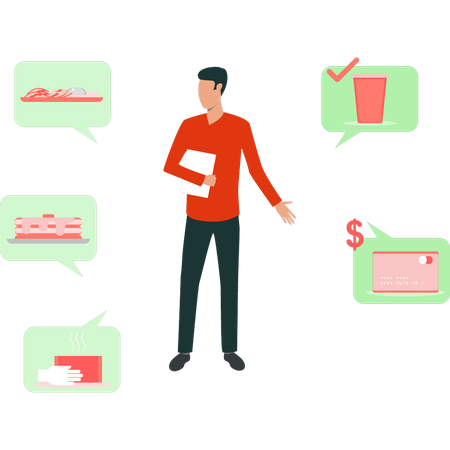 El tipo muestra un menú de comida para realizar pedidos en línea  Ilustración