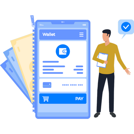 Chico pagando en línea a través de su billetera  Ilustración