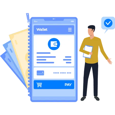Chico pagando en línea a través de su billetera  Ilustración