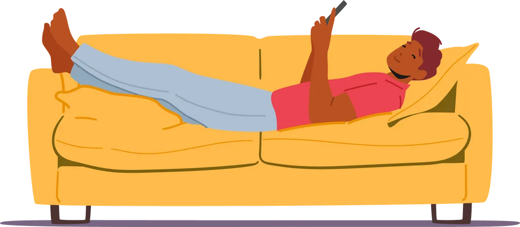 Chico perezoso relajándose en el sofá y charlando por teléfono  Ilustración