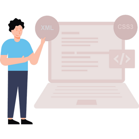 Chico programando XML y CSS  Ilustración