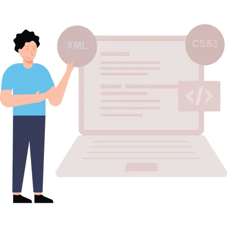 Chico programando XML y CSS  Ilustración