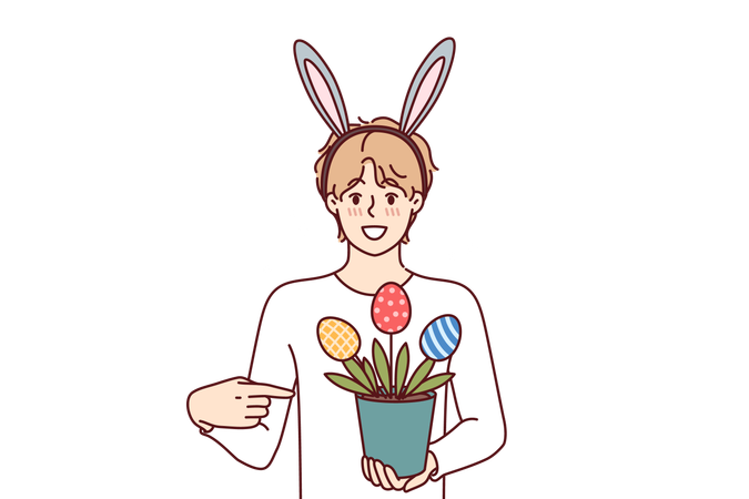 El tipo que celebra la Pascua sostiene una maceta con plantas en forma de huevos multicolores y lleva orejas de conejo en la cabeza.  Ilustración