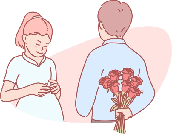 Chico romántico escondiendo rosas a chica  Ilustración