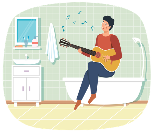 Chico sentado en la bañera en el baño con guitarra  Ilustración