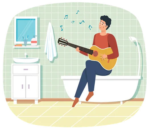 Chico sentado en la bañera en el baño con guitarra  Ilustración