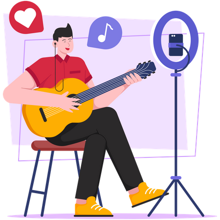 Chico transmitiendo guitarra en vivo online  Ilustración