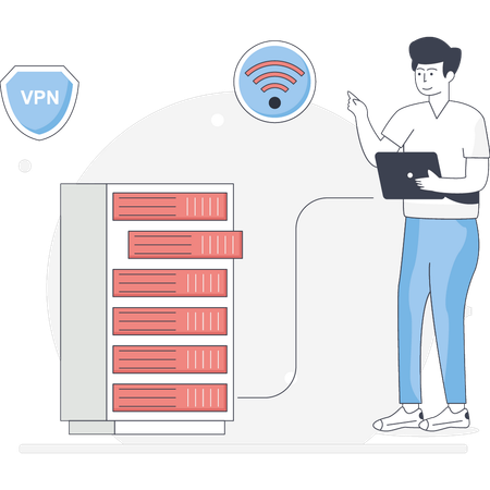 El chico trabaja en el alojamiento VPN  Ilustración