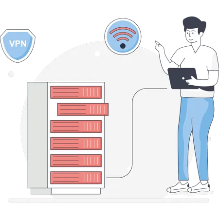 El chico trabaja en el alojamiento VPN  Ilustración