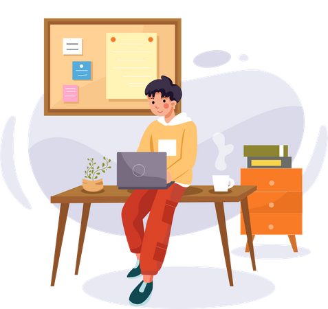 Chico trabajando desde casa  Ilustración