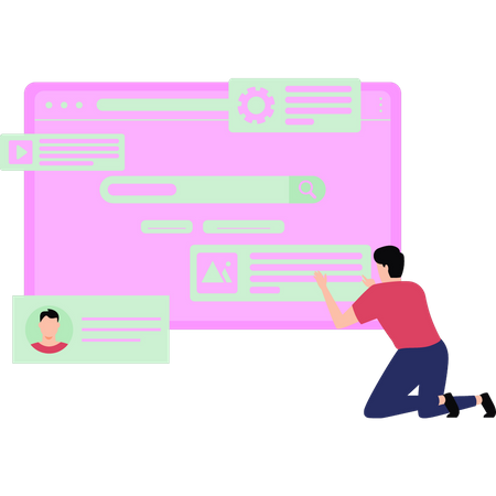 Chico trabajando en el sitio web  Ilustración