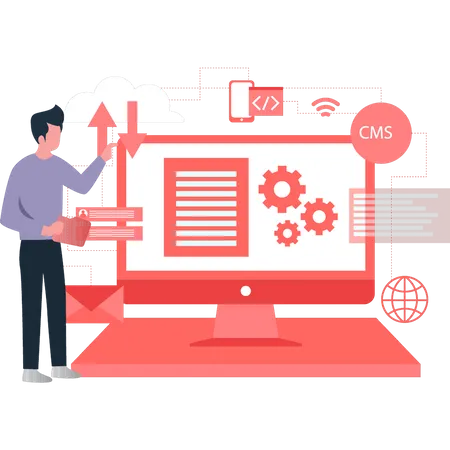 Chico trabajando en la configuración de codificación  Ilustración