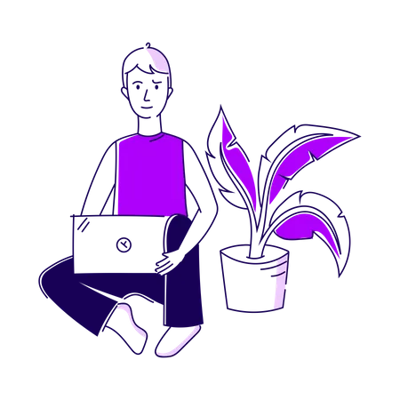Chico trabajando en la computadora portátil  Ilustración