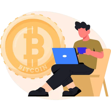 Niño trabajando con bitcoin  Ilustración