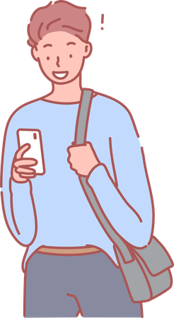 Chico universitario sosteniendo el teléfono en la mano  Ilustración