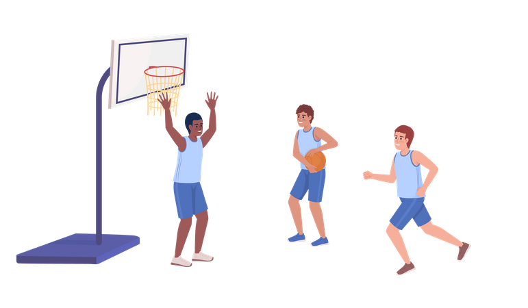 Muchachos atléticos jugando baloncesto en equipo  Ilustración