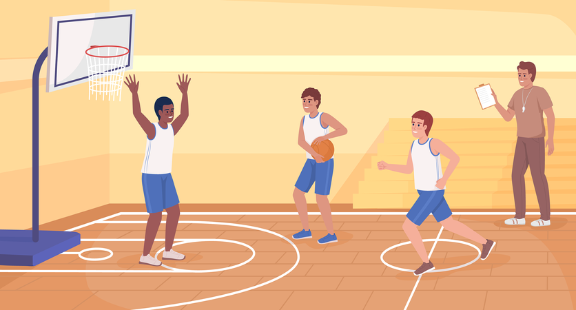 Muchachos atléticos jugando baloncesto en equipo  Ilustración