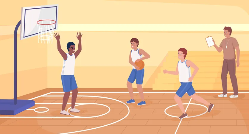 Muchachos atléticos jugando baloncesto en equipo  Ilustración