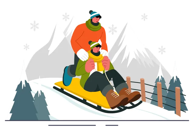 Chicos en invierno disfrutando del trineo Luge  Ilustración