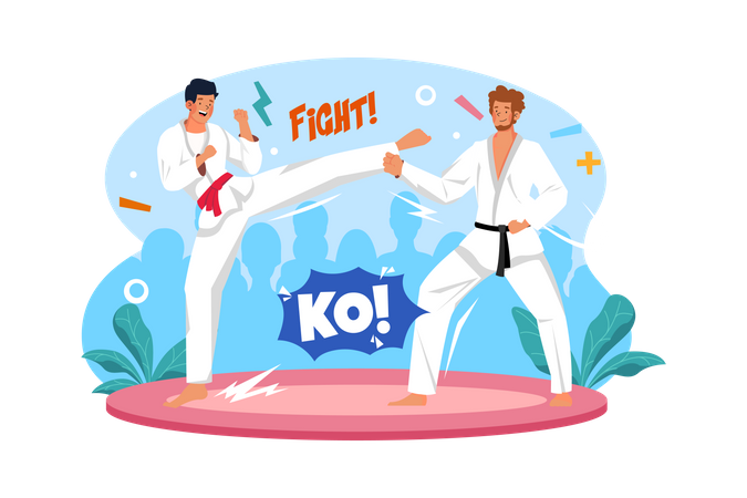 Chicos haciendo entrenamiento de karate.  Ilustración