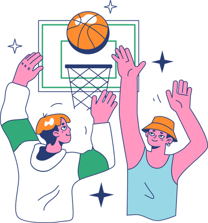 Chicos haciendo práctica de baloncesto.  Ilustración