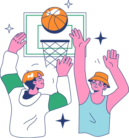 Chicos haciendo práctica de baloncesto.  Ilustración