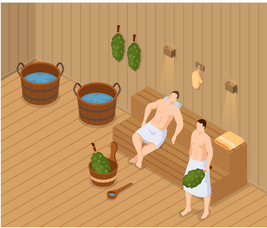 Chicos relajándose en sauna y baño de vapor.  Ilustración