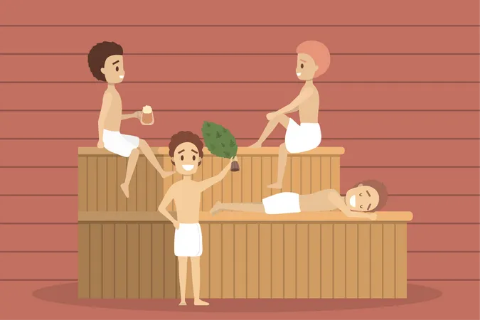 Chicos relajándose en la sauna  Ilustración