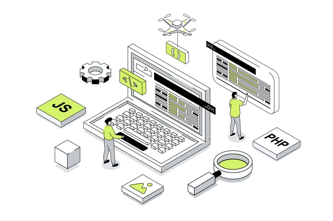 Chicos trabajando en el desarrollo de sitios web.  Ilustración