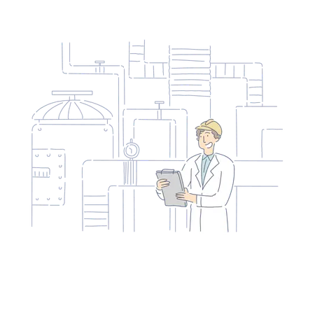 Factory Supervisor In White Coat Studying Report Chief Engineer Analyzing Manufacturing Statistics Banner Industrial Production Manager Concept Cartoon Sketch Flat Vector Illustration Illustration