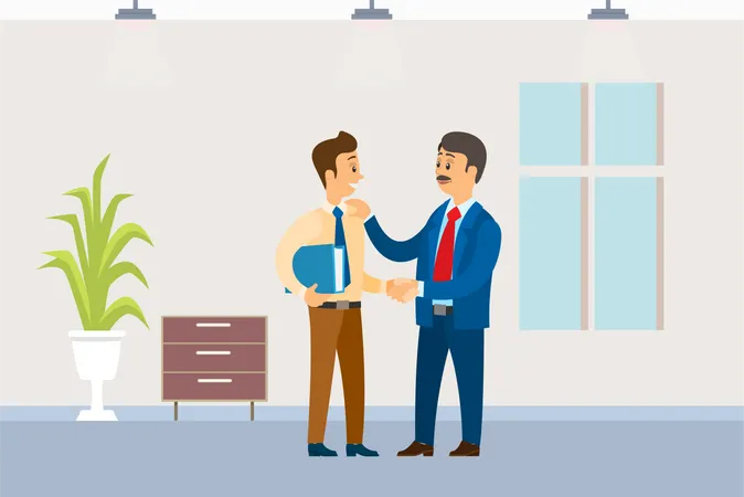 Boss Of Company Chief Executive With Employee Vector Specialist In Business Praising Worker Good Job Of Programmer Sitting By Laptop At Workplace Illustration