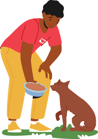 Chien d'alimentation bénévole mâle dans un refuge pour animaux  Illustration