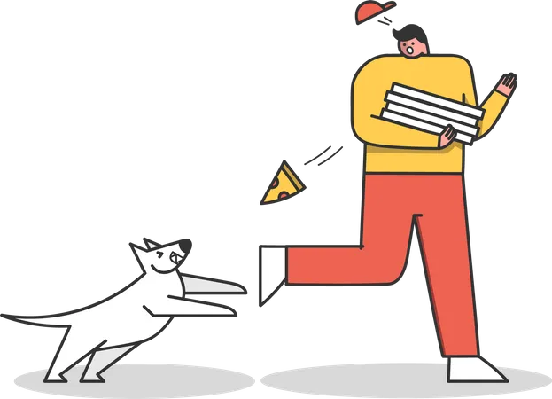 Un chien en colère attaque un livreur de pizza  Illustration