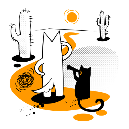 Chien et chat perdus dans le désert  Illustration