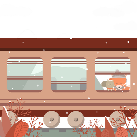 Chien et renard assis dans le train  Illustration