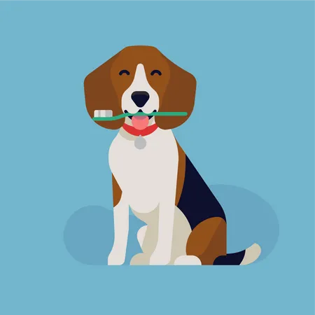 Santé dentaire du chien avec un chien beagle heureux tenant une brosse à dents  Illustration