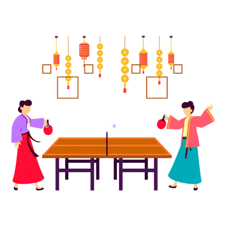 Chiense girls playing  ping pong game  Illustration