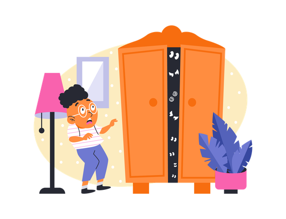 Child afraid of monsters in his closet  Illustration
