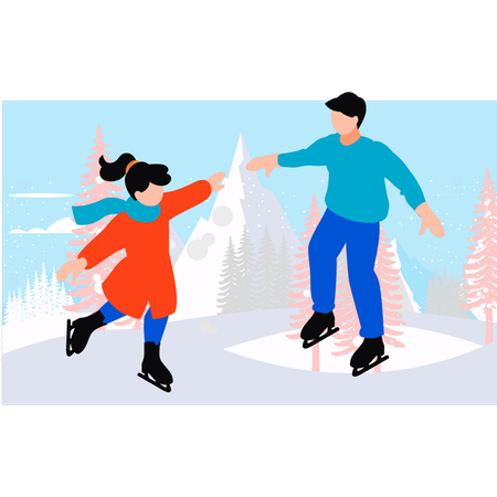 Child and father are ice skating  Illustration
