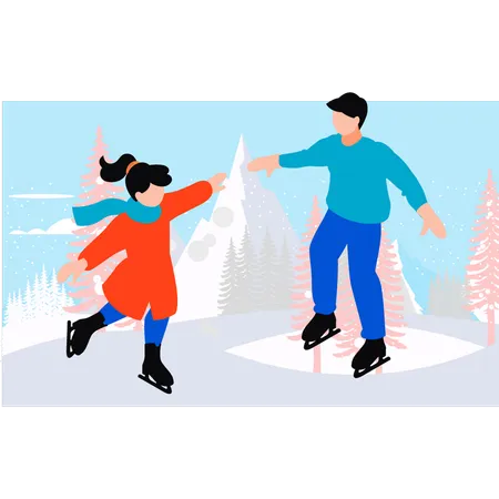 Child And Father Are Ice Skating Illustration