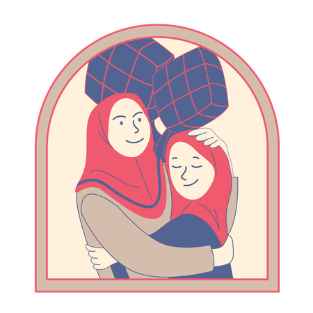 Child and Mother hug with Ketupat Background  Illustration