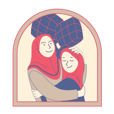 Child and Mother hug with Ketupat Background  Illustration